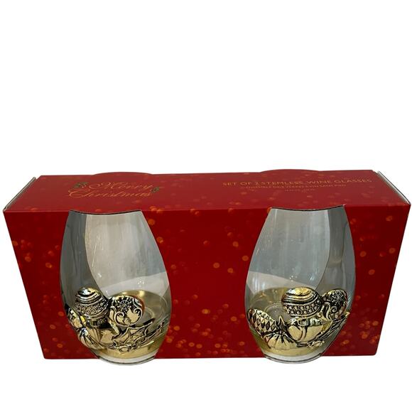 Set of 2 Gold Metal & Glass Christmas Ornament Stemless Wine Glasses Holiday New - Picture 11 of 13